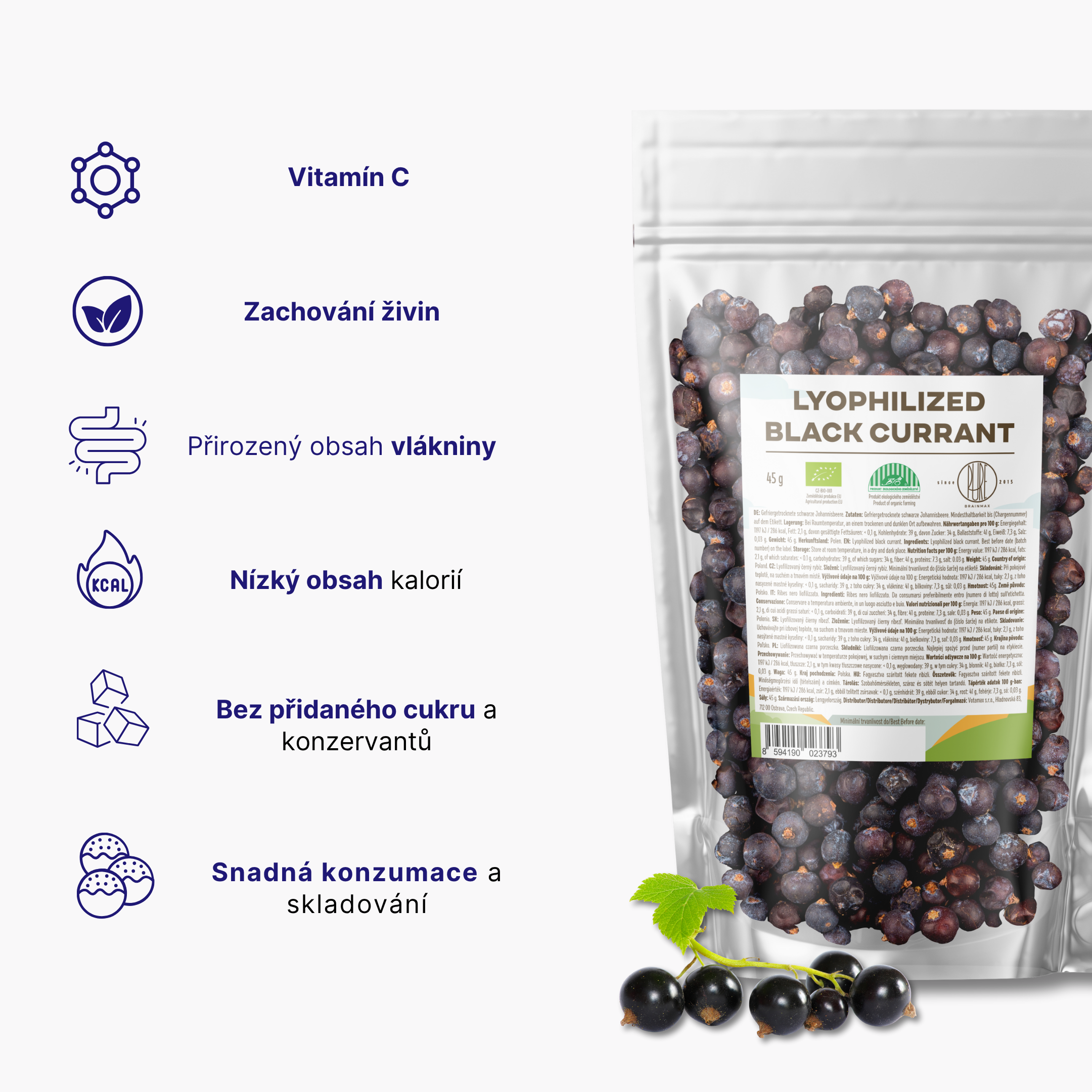 BrainMax Pure Lyophilized Blackcurrant, Lyofilizovaný černý rybíz, BIO, 45 g